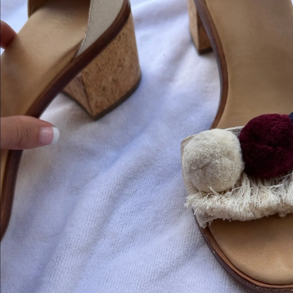 Soludos Tan Sandals with Colorful Pom Poms